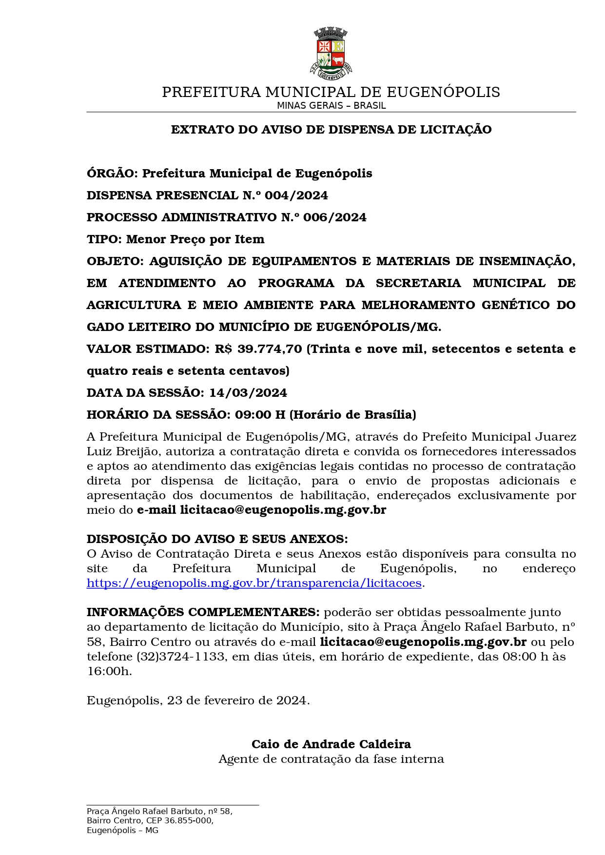 Extrato do Aviso da Dispensa page 0001